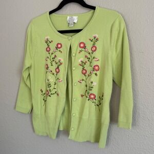 Green Womens Large Cardigan Floral Hand Embroidered Twee Coquette Cottage Dainty